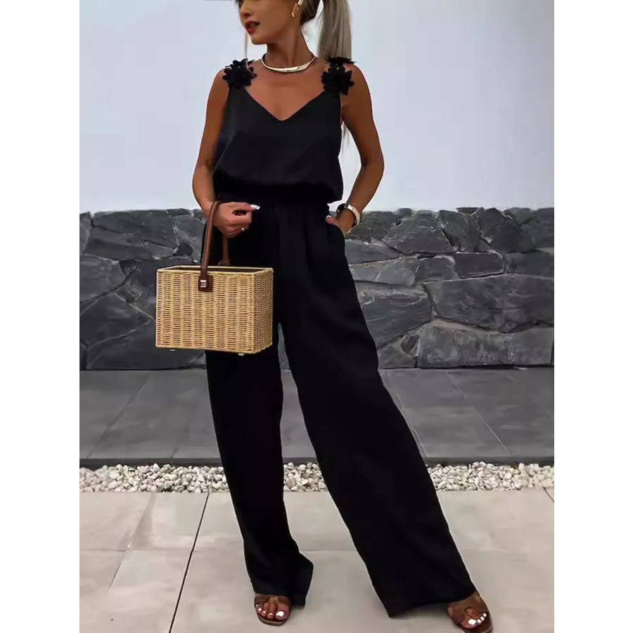 Floral Applique V-Neck Wide Leg Jumpsuit Black / S Apparel and Accessories