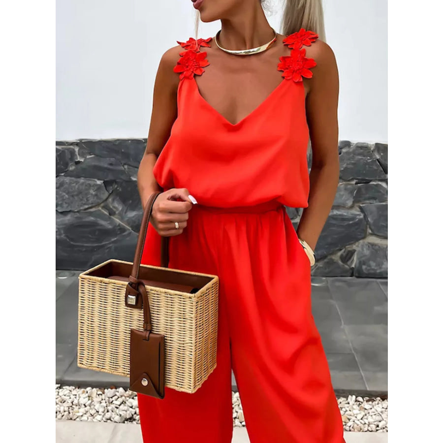Floral Applique V-Neck Wide Leg Jumpsuit Red / S Apparel and Accessories