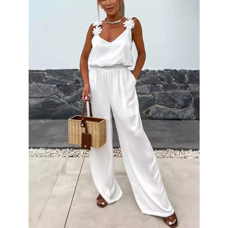 Floral Applique V-Neck Wide Leg Jumpsuit White / S Apparel and Accessories