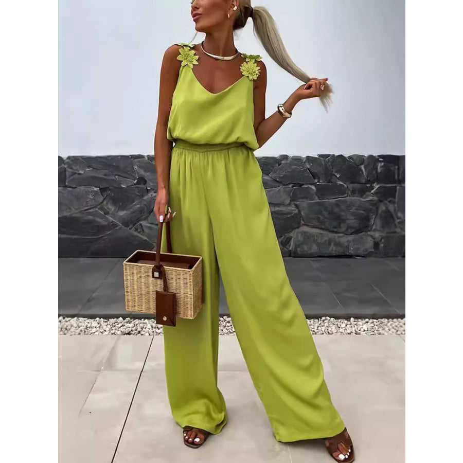 Floral Applique V-Neck Wide Leg Jumpsuit Yellow Green / S Apparel and Accessories