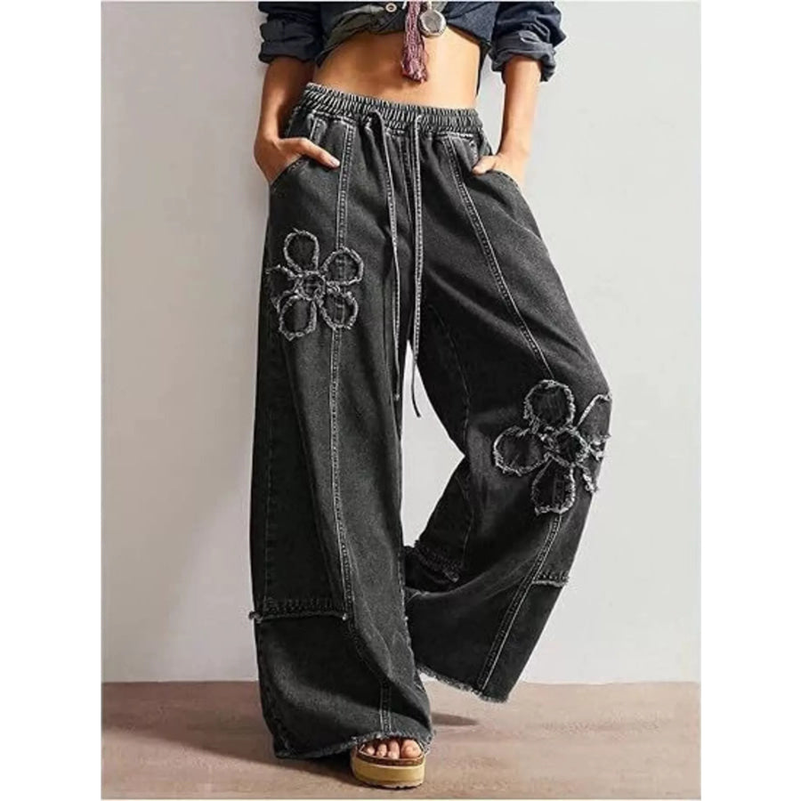 Floral Appliques Wide Leg Jeans Apparel and Accessories