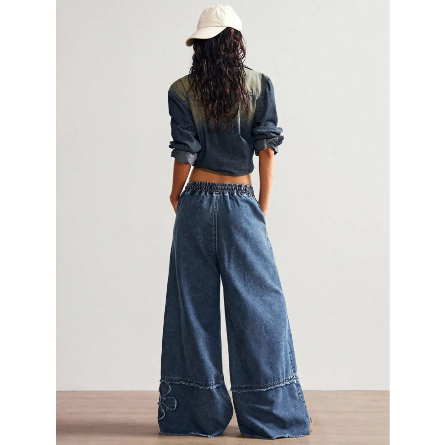 Floral Appliques Wide Leg Jeans Apparel and Accessories