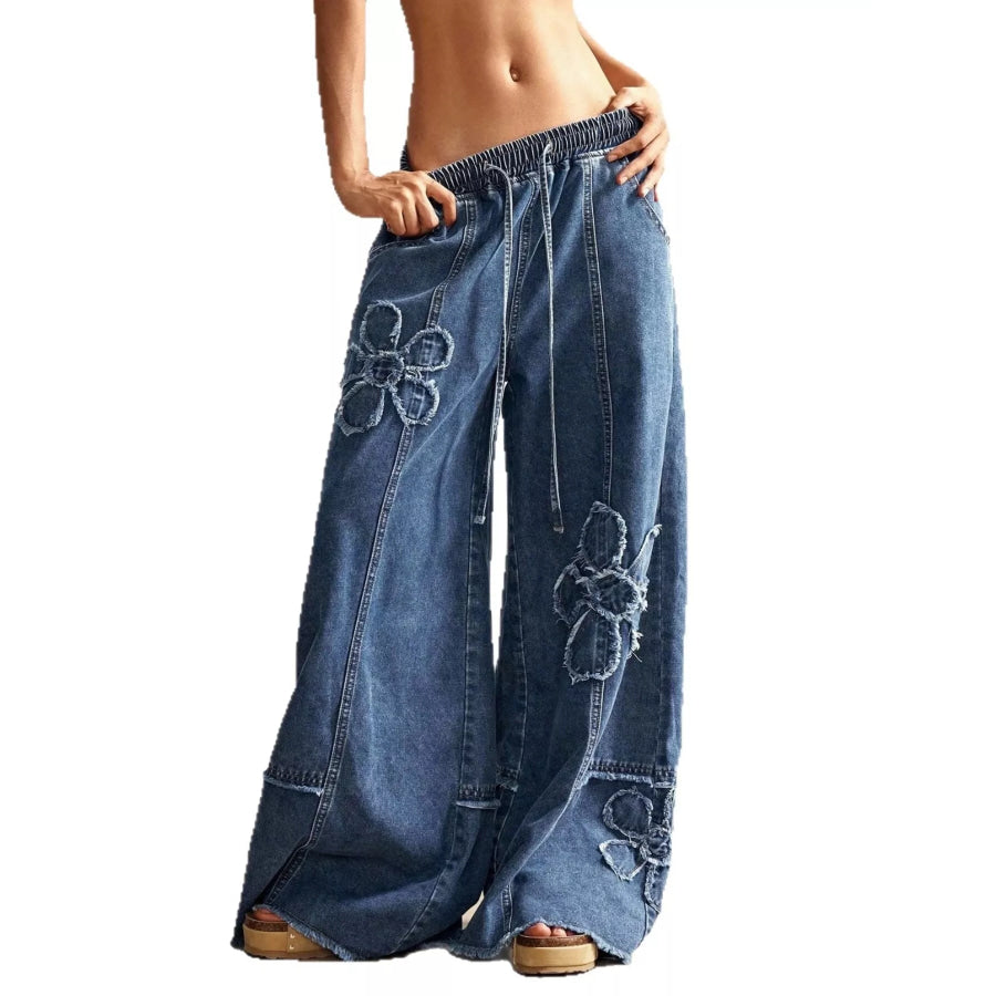 Floral Appliques Wide Leg Jeans Apparel and Accessories