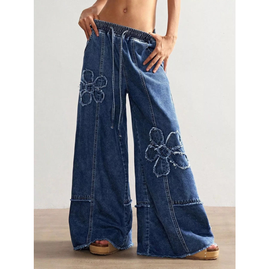 Floral Appliques Wide Leg Jeans Apparel and Accessories
