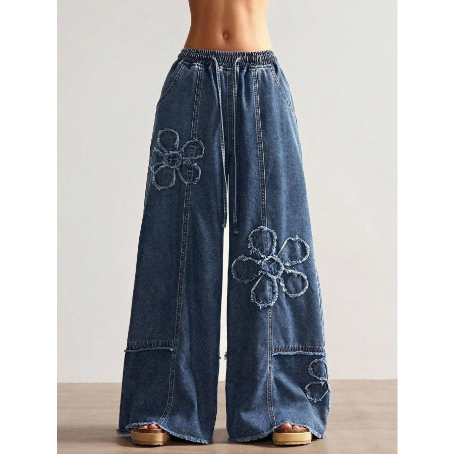 Floral Appliques Wide Leg Jeans Apparel and Accessories