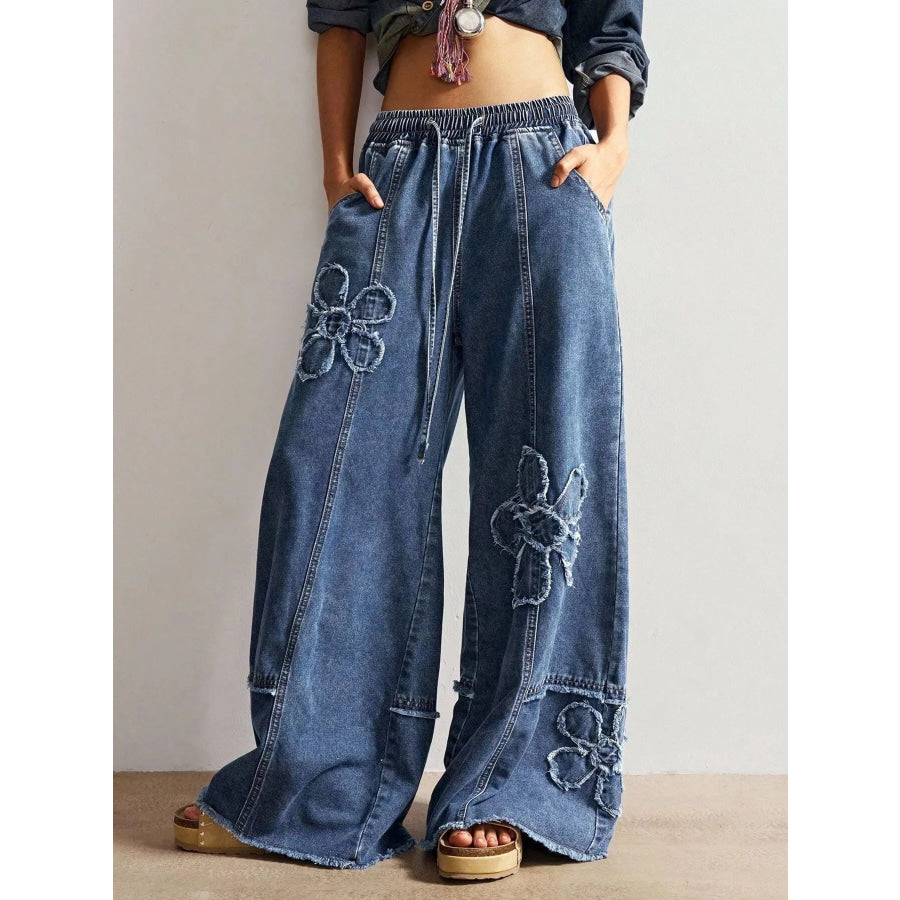 Floral Appliques Wide Leg Jeans Apparel and Accessories