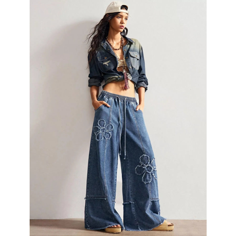 Floral Appliques Wide Leg Jeans Apparel and Accessories