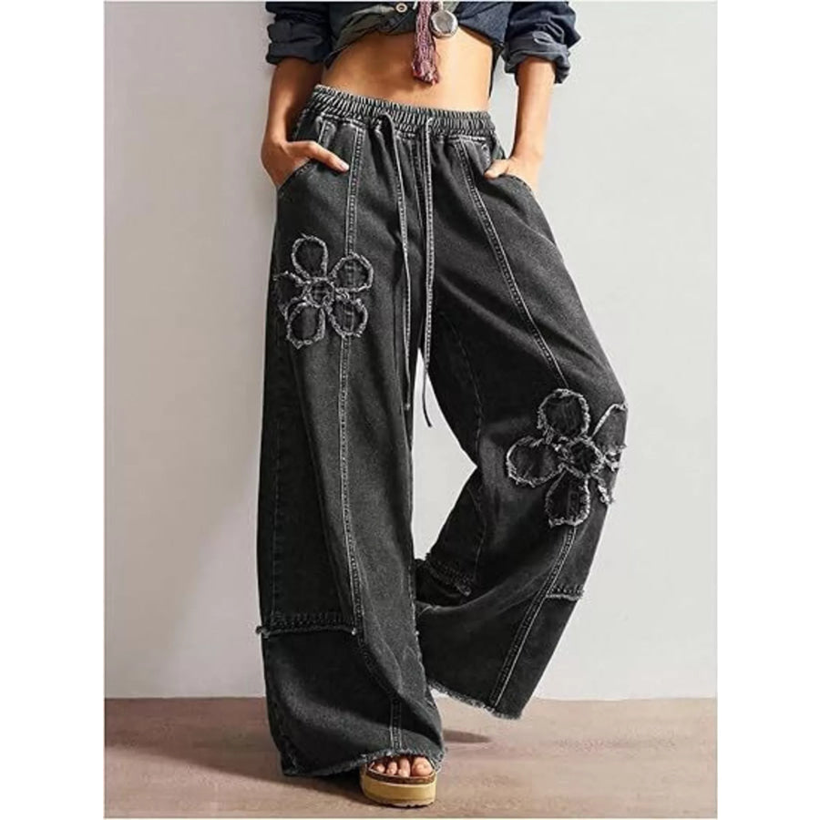 Floral Appliques Wide Leg Jeans Apparel and Accessories