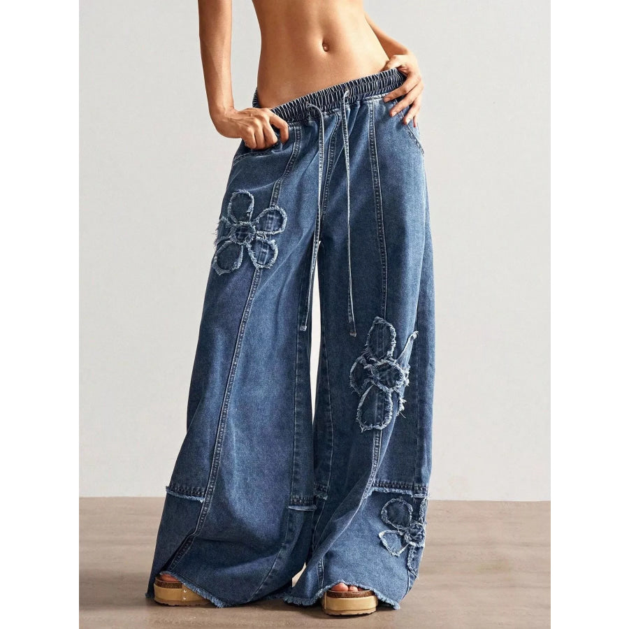 Floral Appliques Wide Leg Jeans Apparel and Accessories