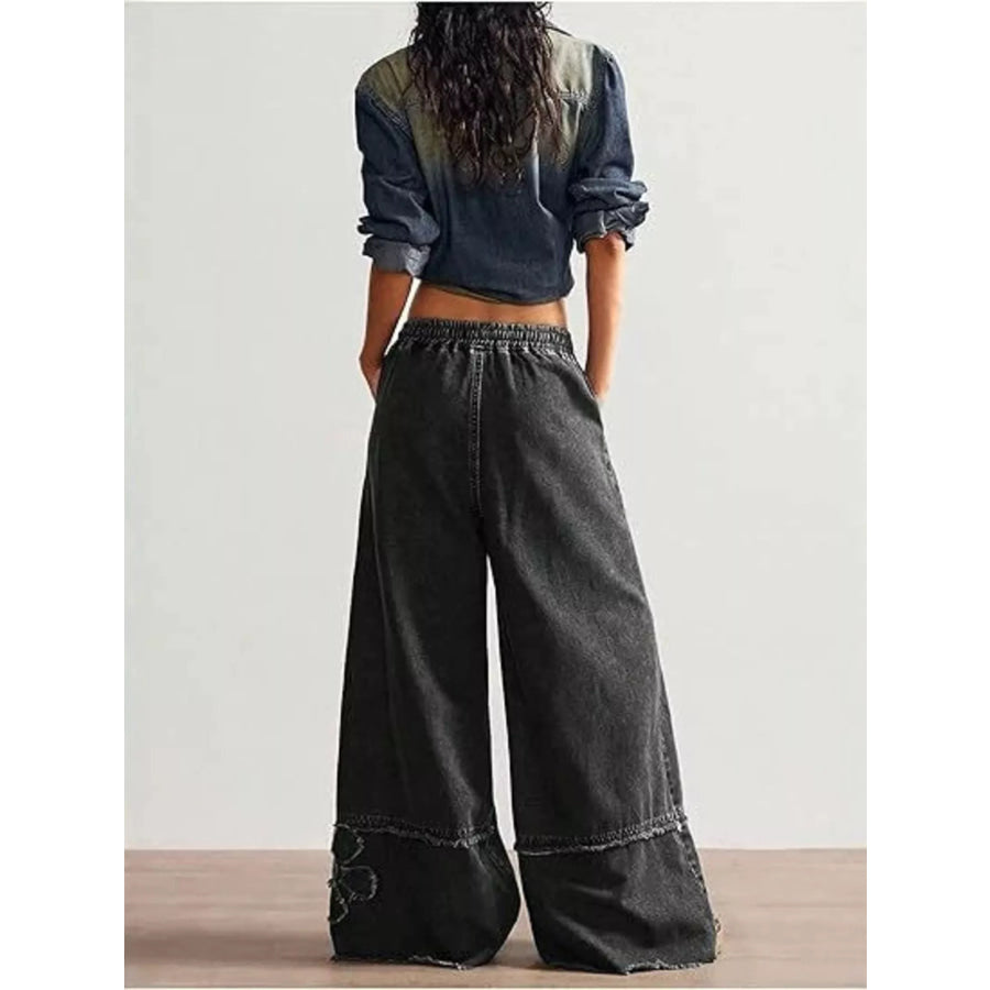 Floral Appliques Wide Leg Jeans Black / S Apparel and Accessories