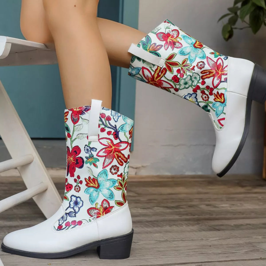 Floral Block Heel Boots Apparel and Accessories