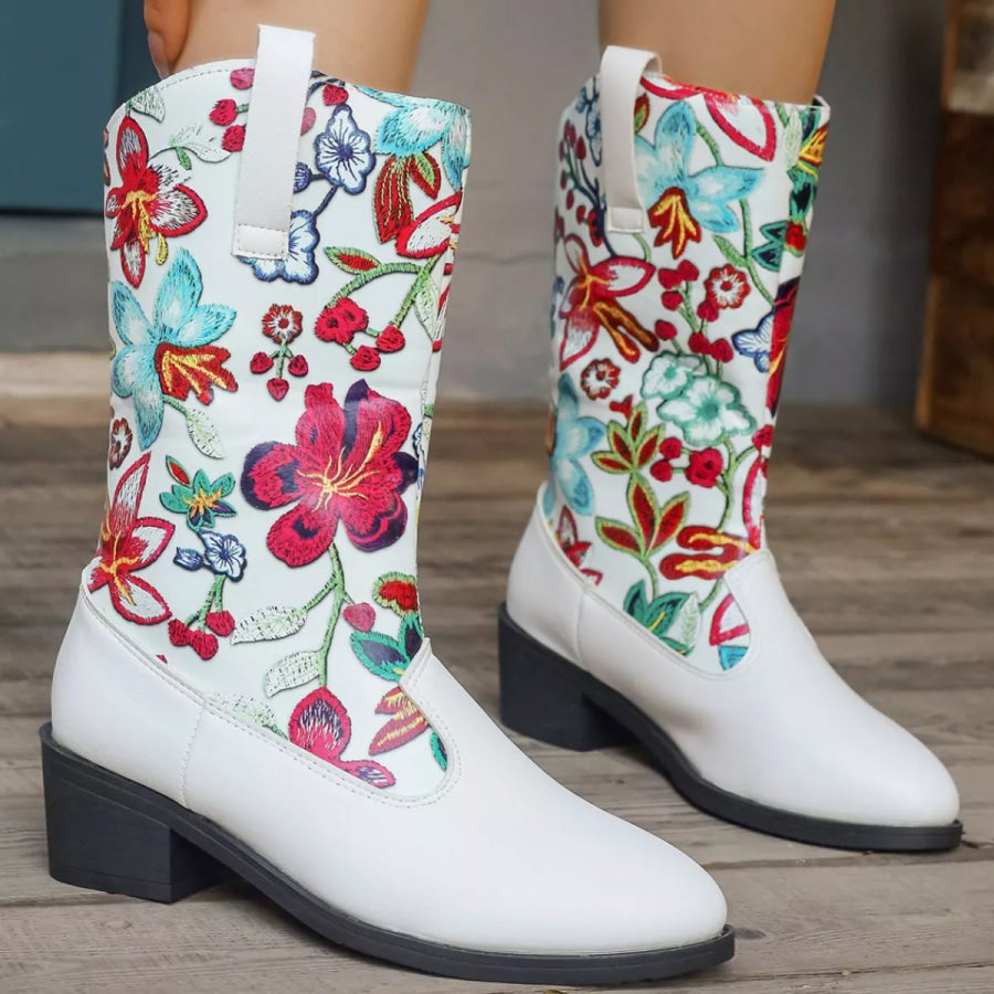 Floral Block Heel Boots Apparel and Accessories