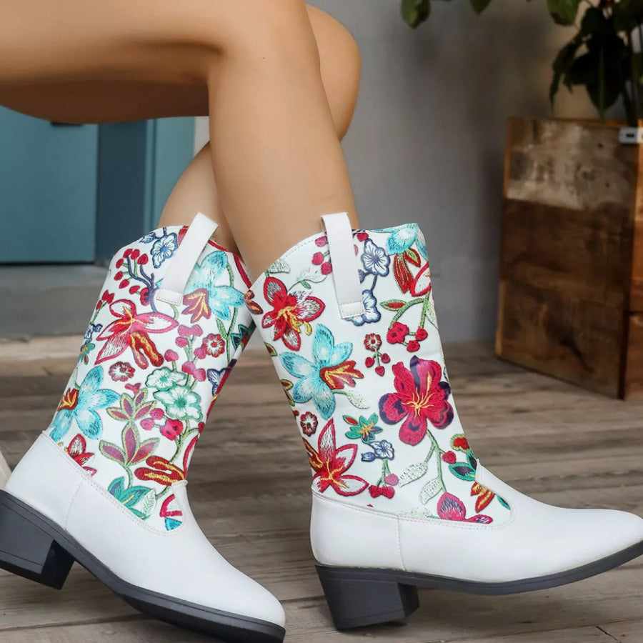 Floral Block Heel Boots Apparel and Accessories