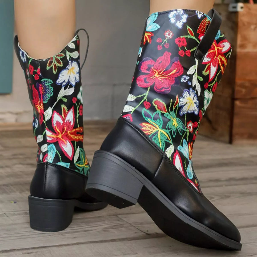 Floral Block Heel Boots Apparel and Accessories