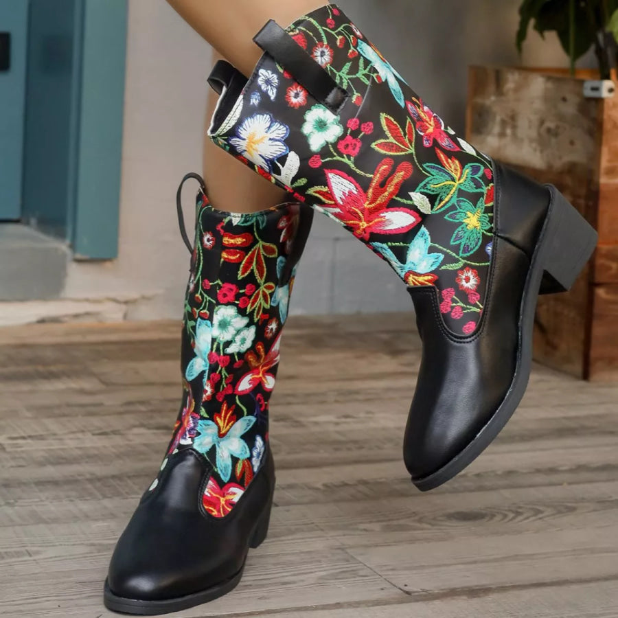 Floral Block Heel Boots Apparel and Accessories