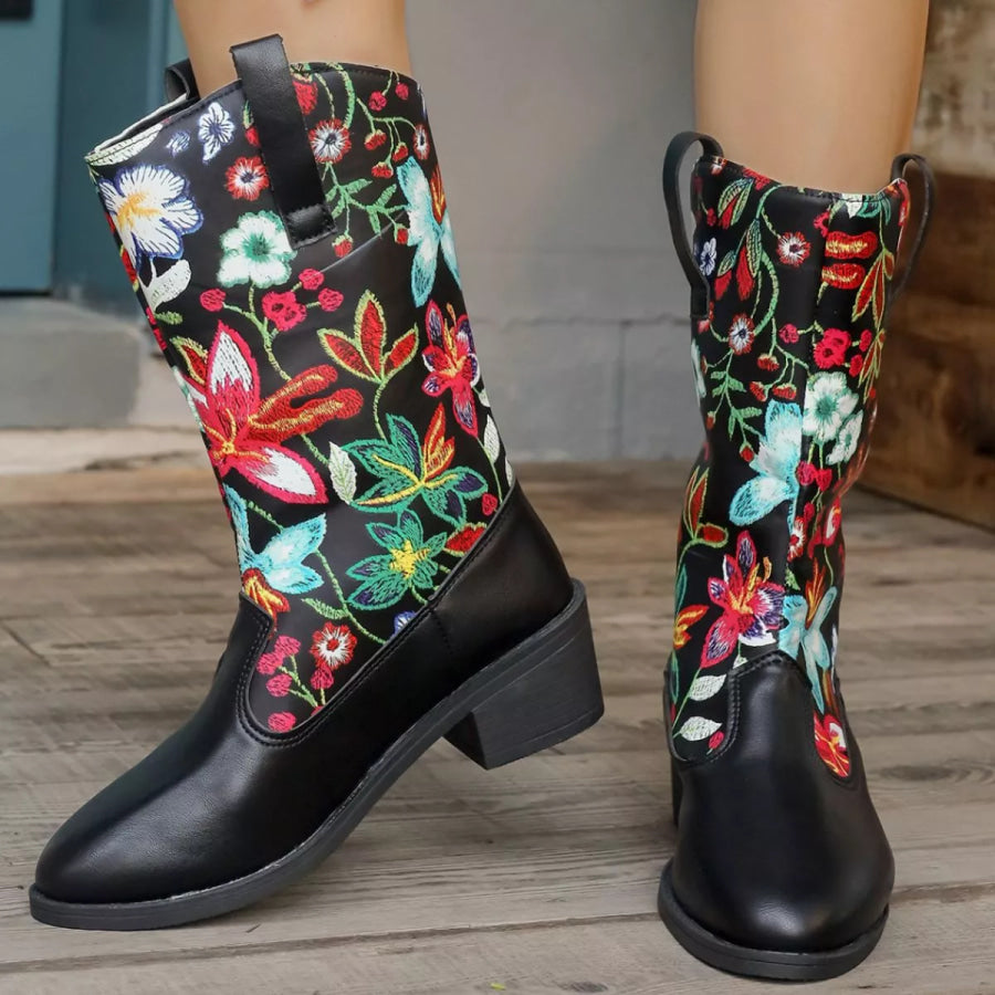 Floral Block Heel Boots Apparel and Accessories