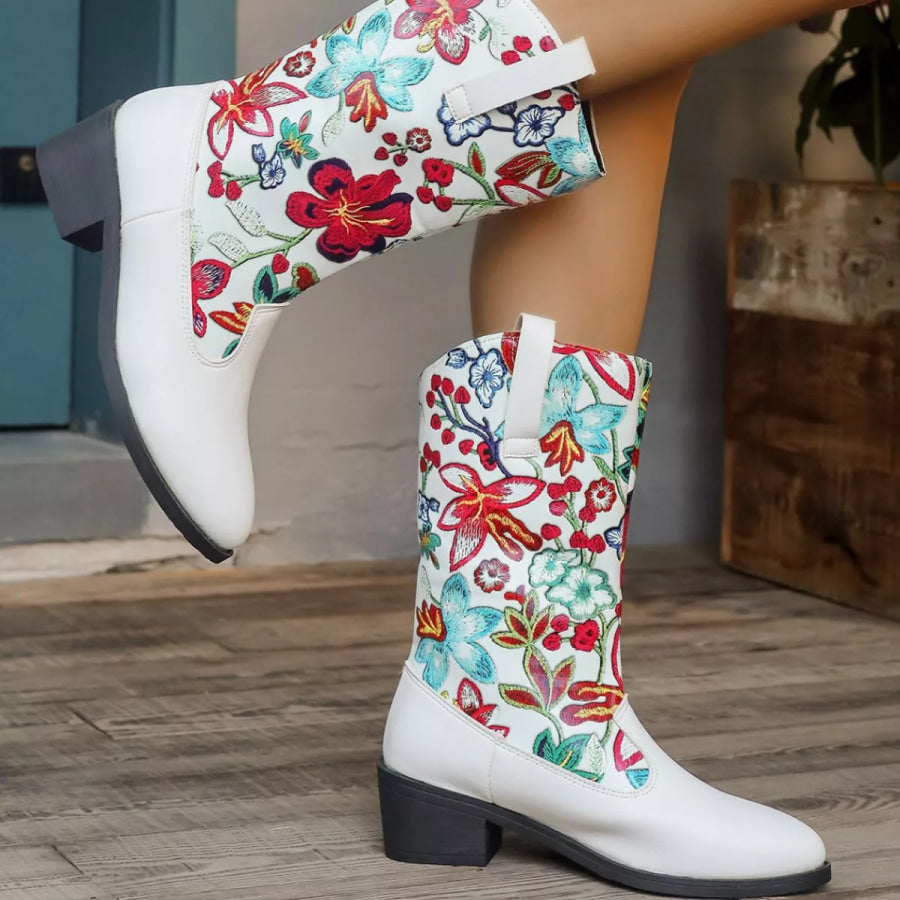 Floral Block Heel Boots Apparel and Accessories