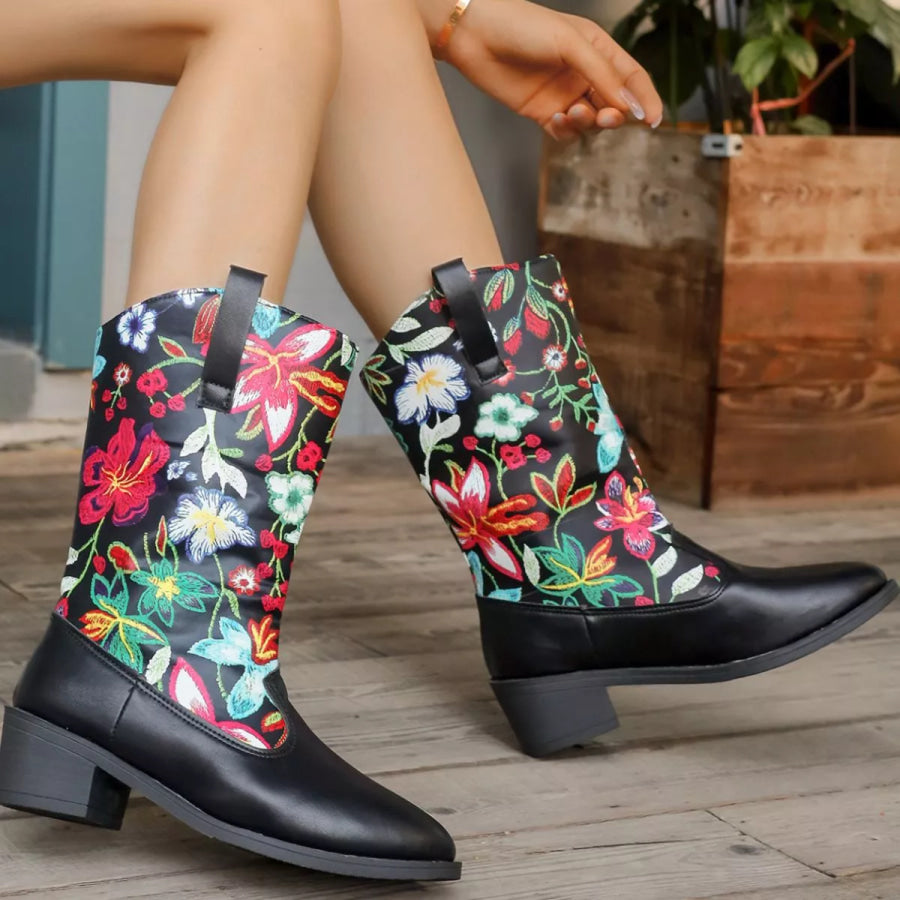 Floral Block Heel Boots Apparel and Accessories