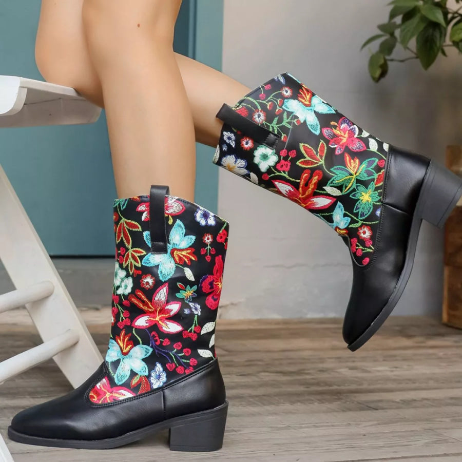 Floral Block Heel Boots Apparel and Accessories