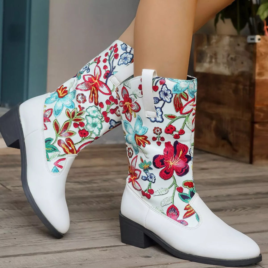 Floral Block Heel Boots Apparel and Accessories