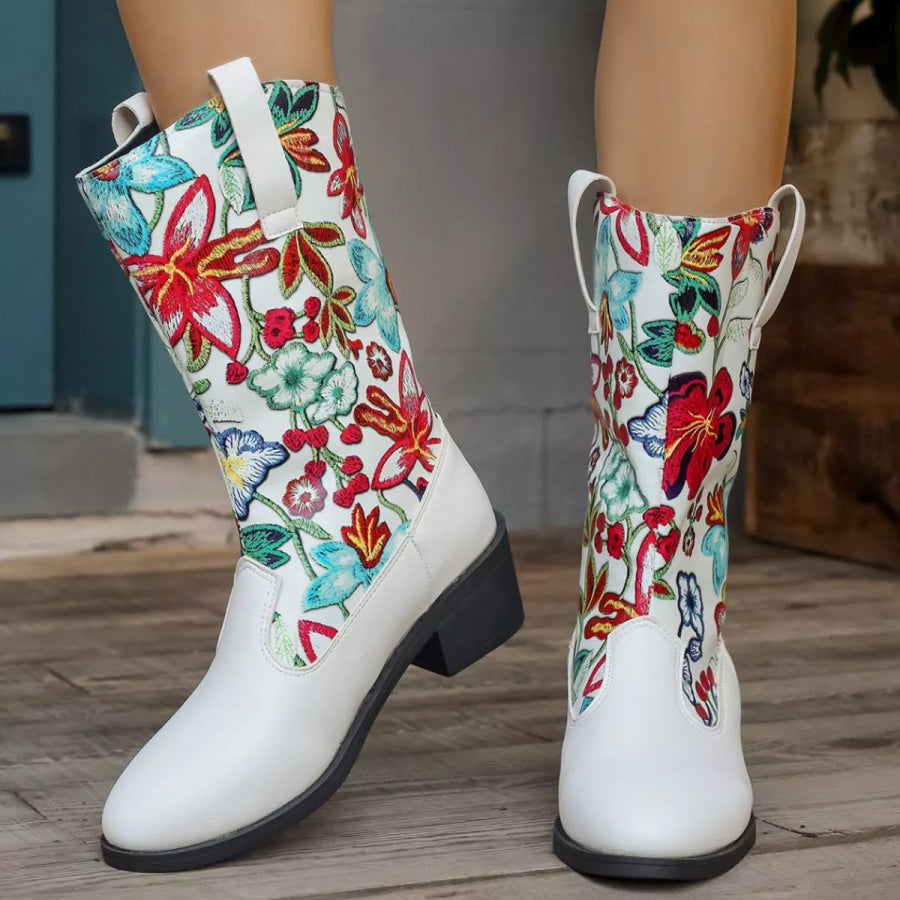 Floral Block Heel Boots Apparel and Accessories