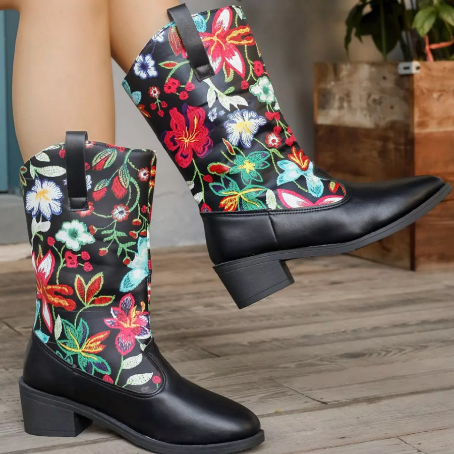 Floral Block Heel Boots Black / 36 Apparel and Accessories