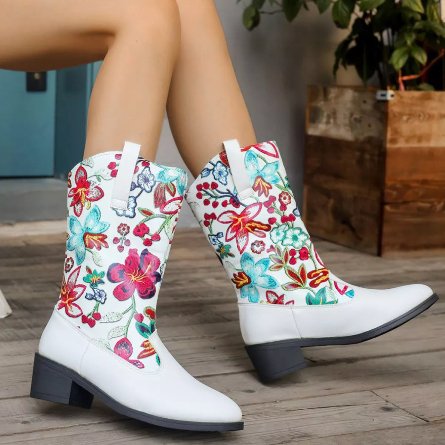 Floral Block Heel Boots White / 36 Apparel and Accessories