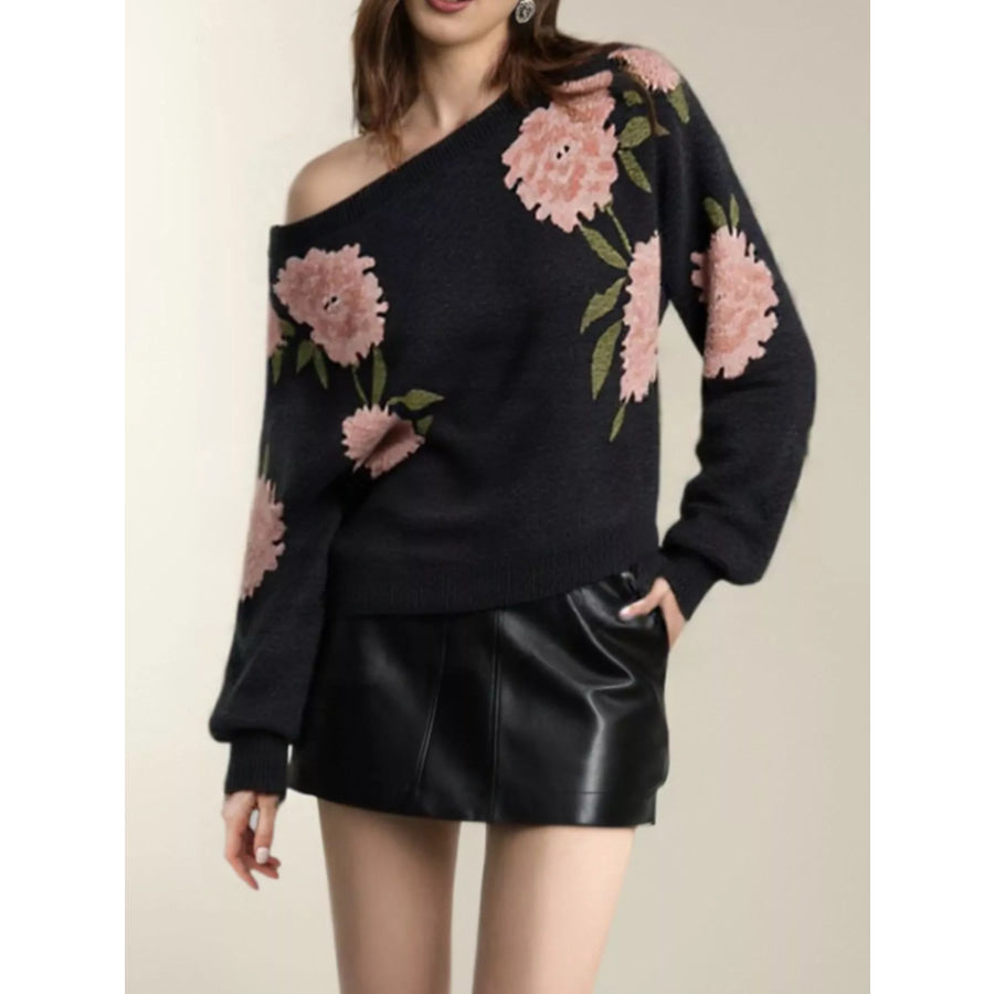 Floral Boat Neck Long Sleeve Sweater Apparel and Accessories