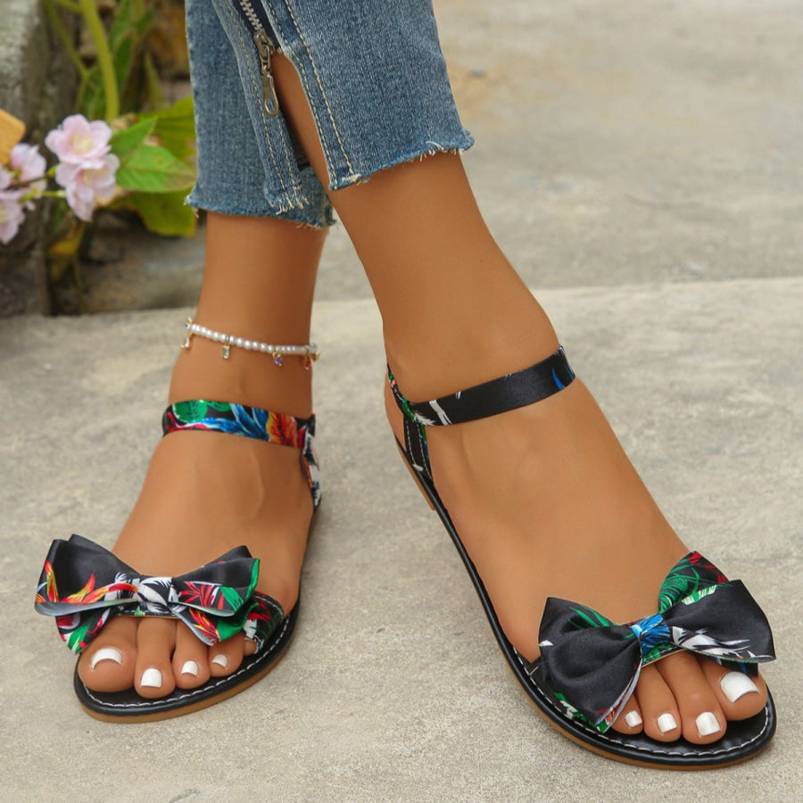Floral Bowknot Ankle Strap Flat Sandals Apparel and Accessories