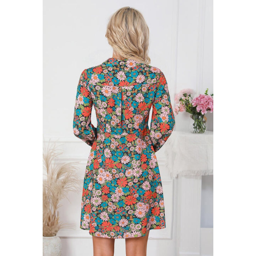 Floral Button Front Collared Neck Shirt Dress Multicolor / S