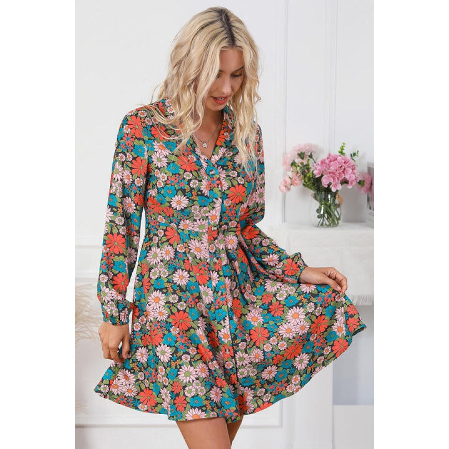 Floral Button Front Collared Neck Shirt Dress