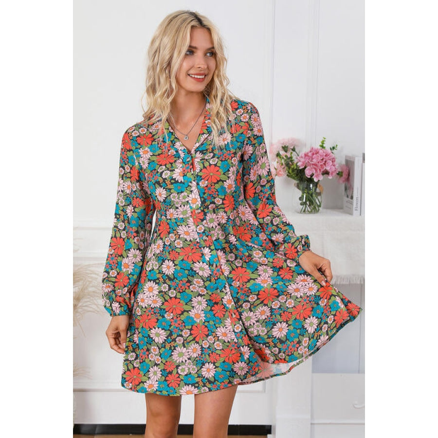 Floral Button Front Collared Neck Shirt Dress