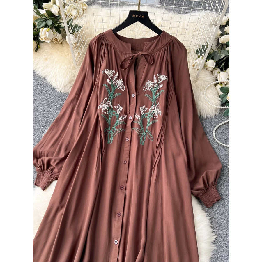 Floral Button Front Long Sleeve Dress Apparel and Accessories