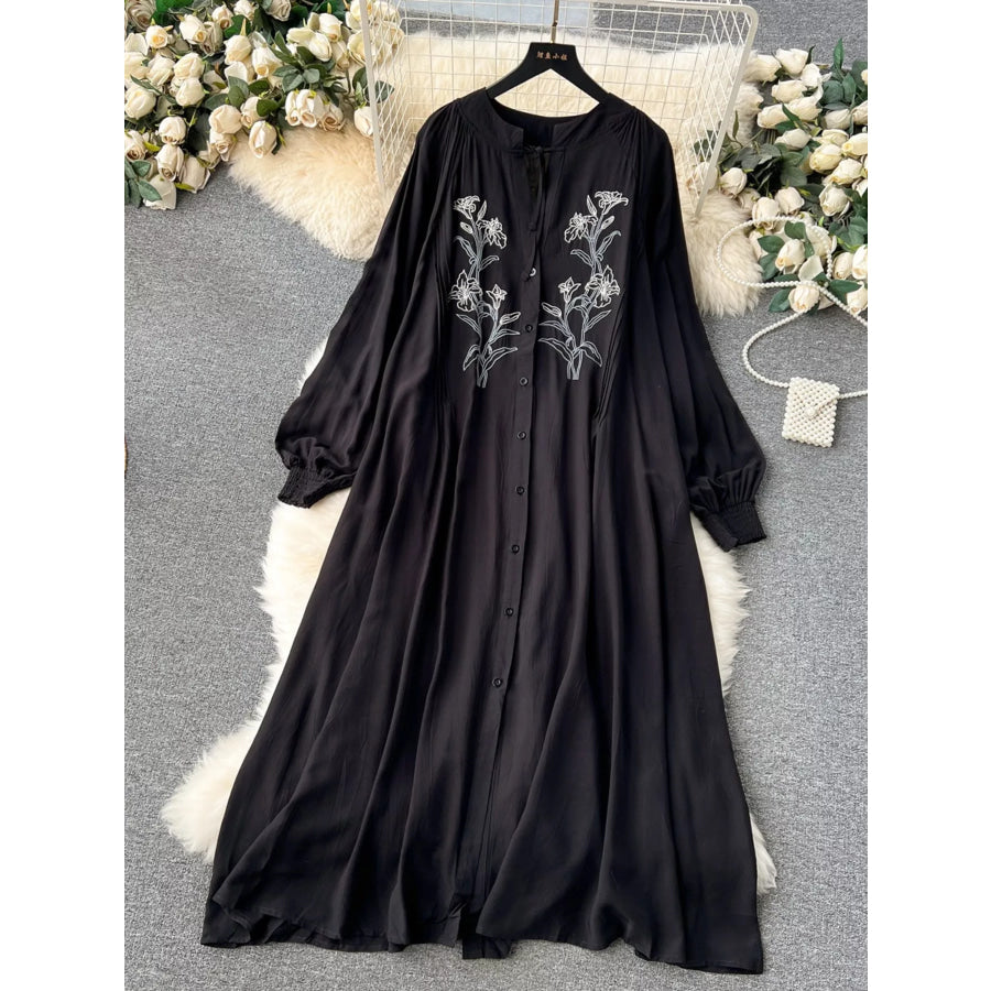 Floral Button Front Long Sleeve Dress Apparel and Accessories