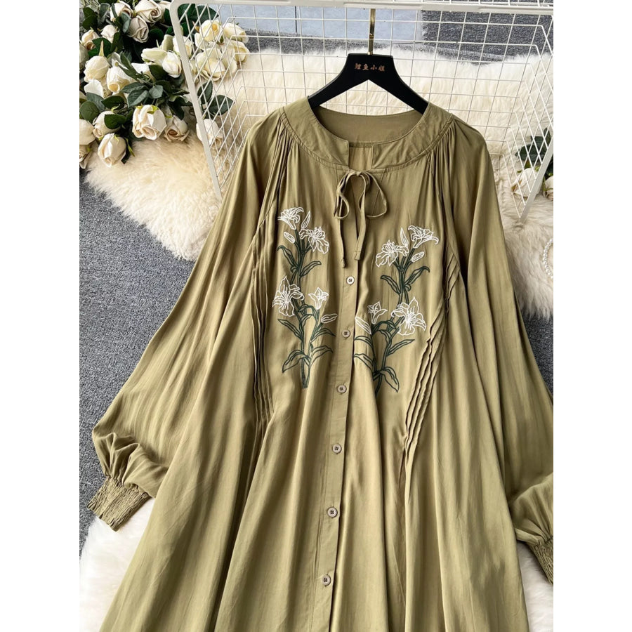 Floral Button Front Long Sleeve Dress Apparel and Accessories