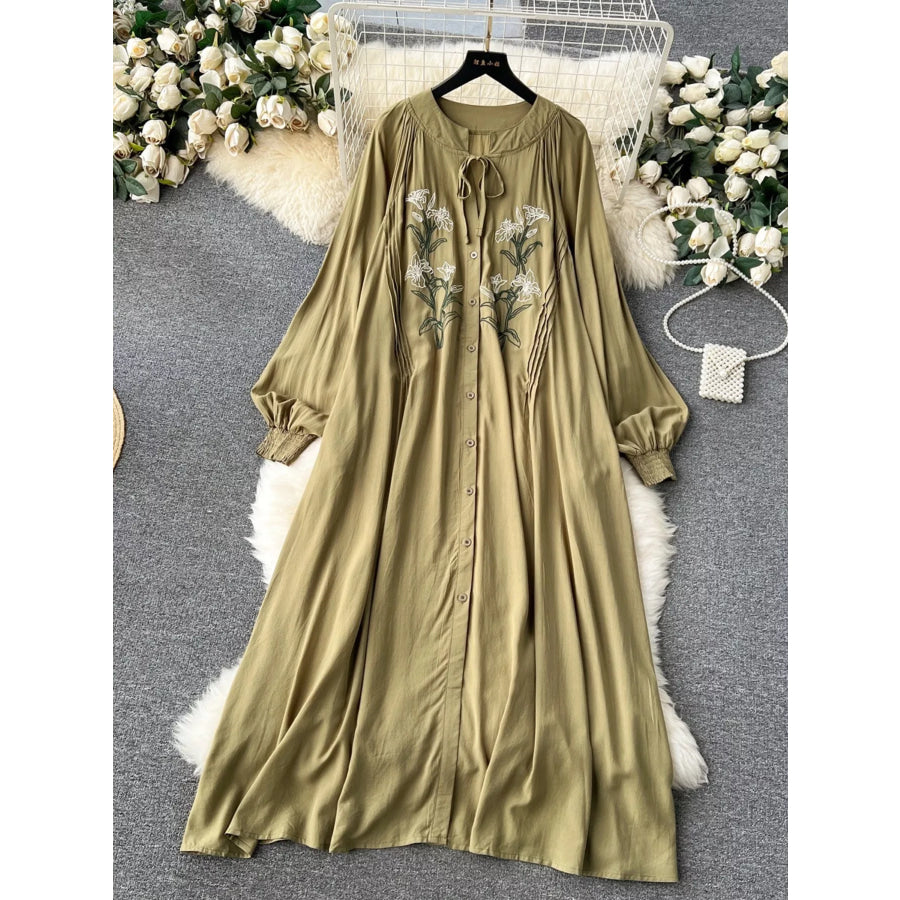 Floral Button Front Long Sleeve Dress Army Green / One Size Apparel and Accessories