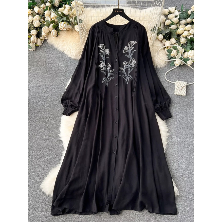 Floral Button Front Long Sleeve Dress Black / One Size Apparel and Accessories
