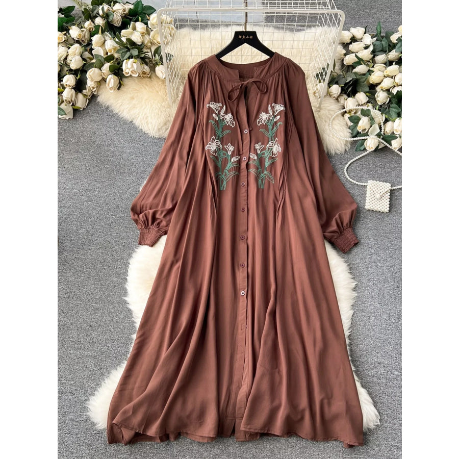 Floral Button Front Long Sleeve Dress Brown / One Size Apparel and Accessories