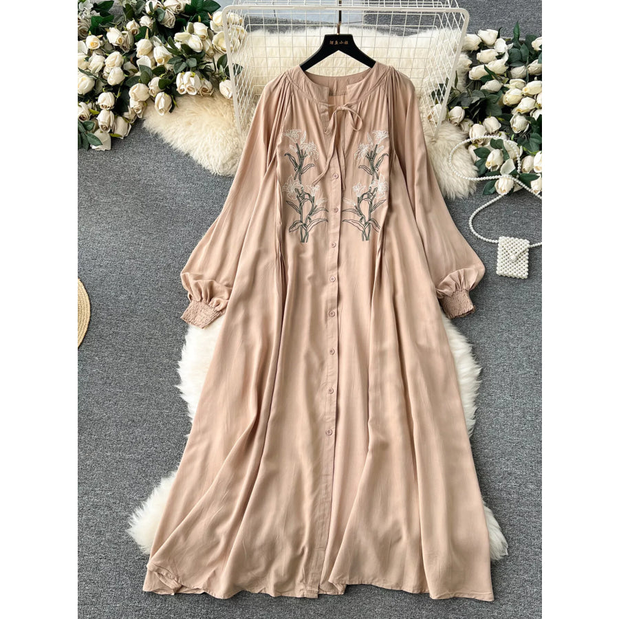 Floral Button Front Long Sleeve Dress Khaki / One Size Apparel and Accessories
