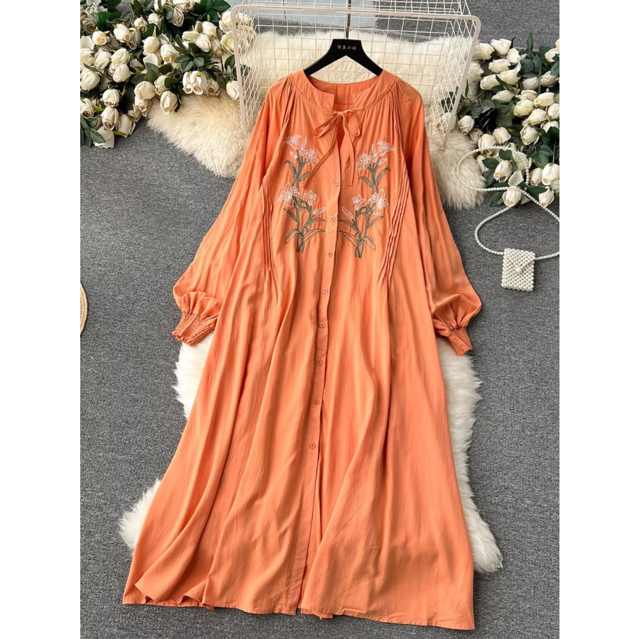 Floral Button Front Long Sleeve Dress Orange / One Size Apparel and Accessories