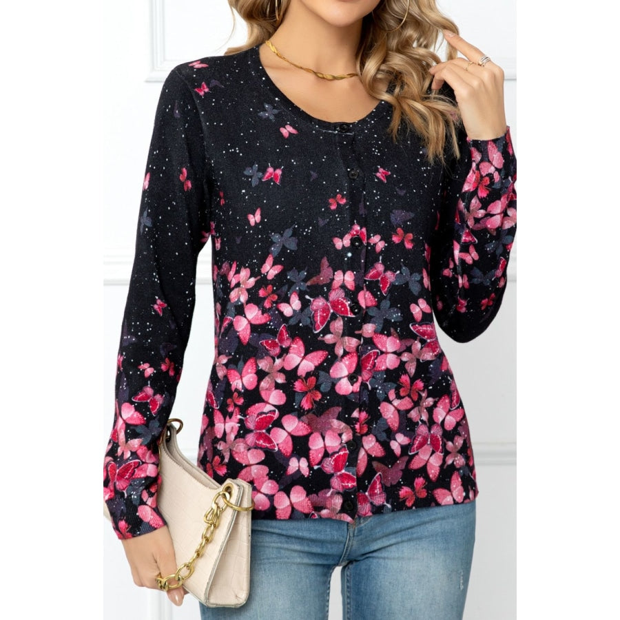 Floral Button Front Round Neck Cardigan Black / S