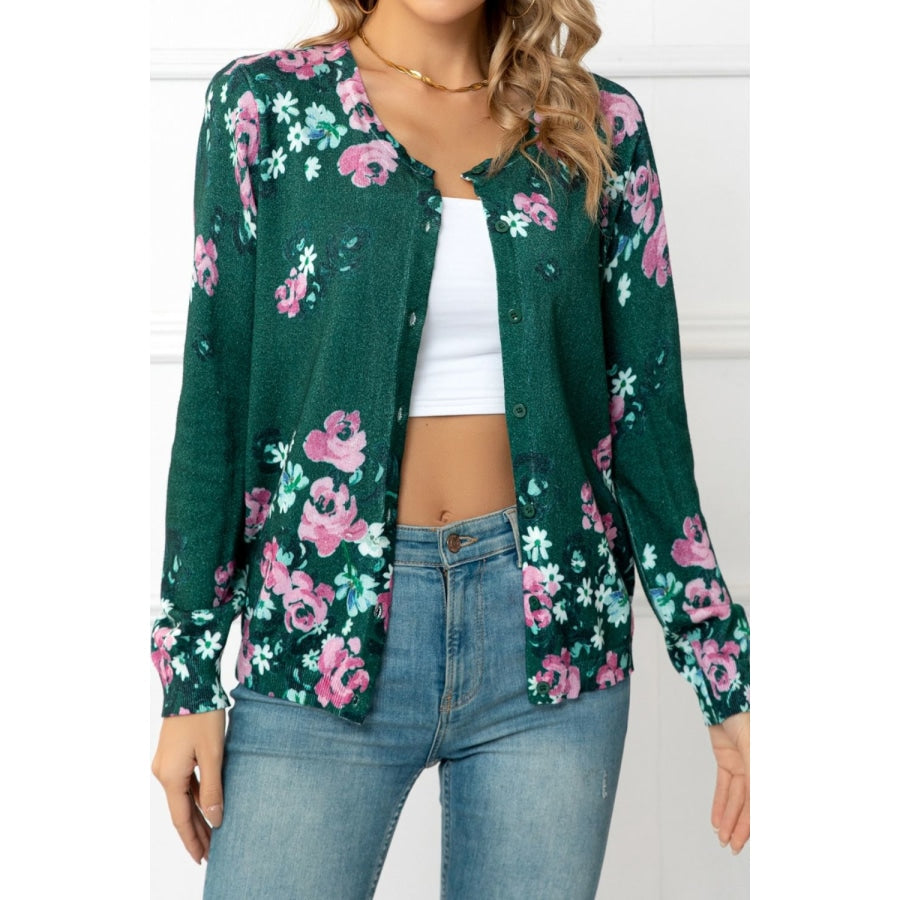 Floral Button Front Round Neck Cardigan Forest / S