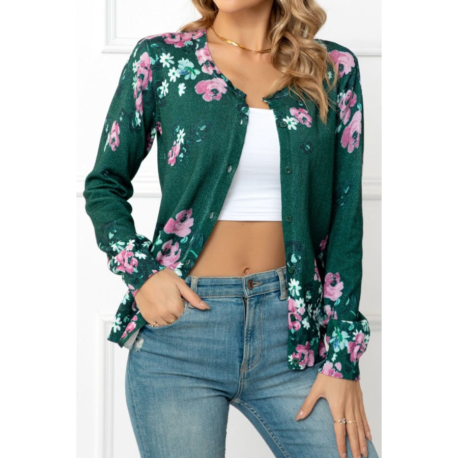 Floral Button Front Round Neck Cardigan