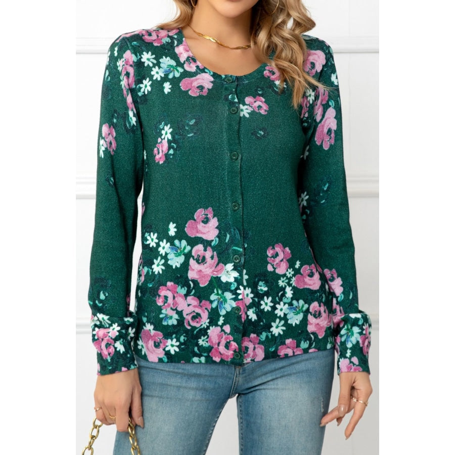 Floral Button Front Round Neck Cardigan