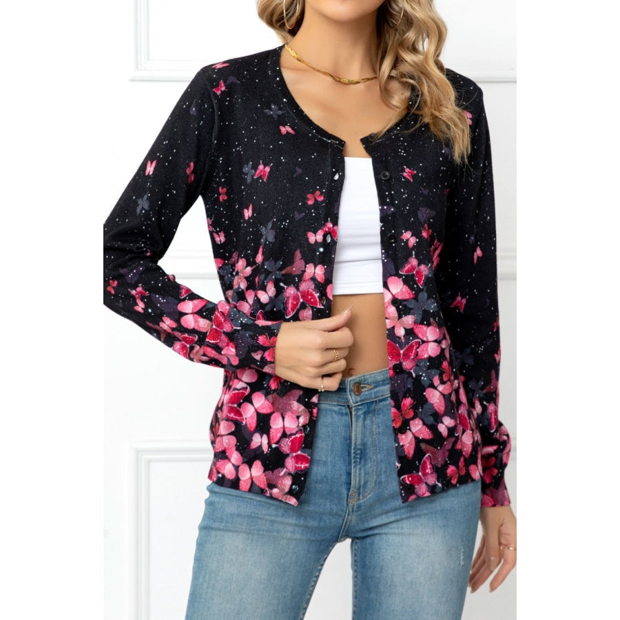 Floral Button Front Round Neck Cardigan