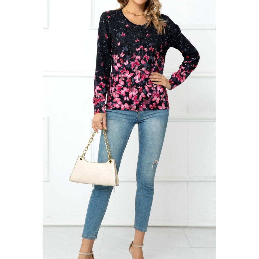 Floral Button Front Round Neck Cardigan