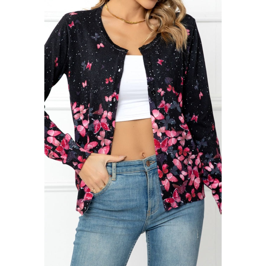 Floral Button Front Round Neck Cardigan