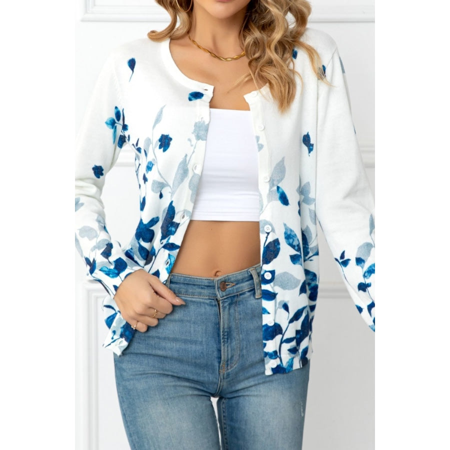 Floral Button Front Round Neck Cardigan