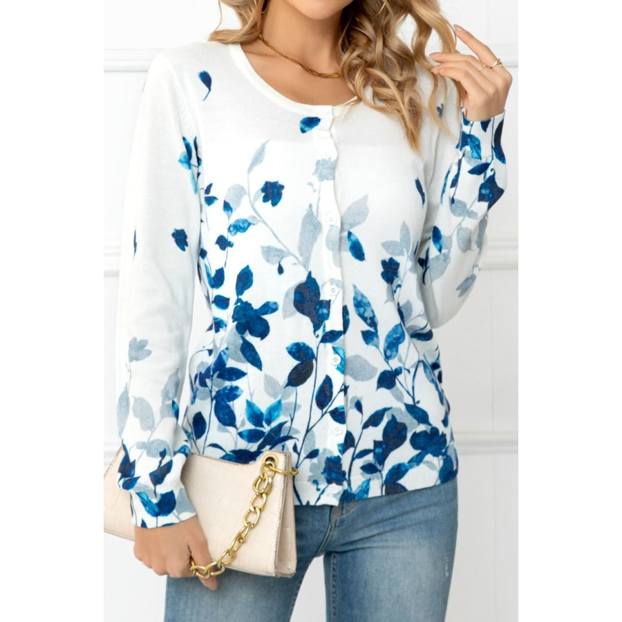 Floral Button Front Round Neck Cardigan