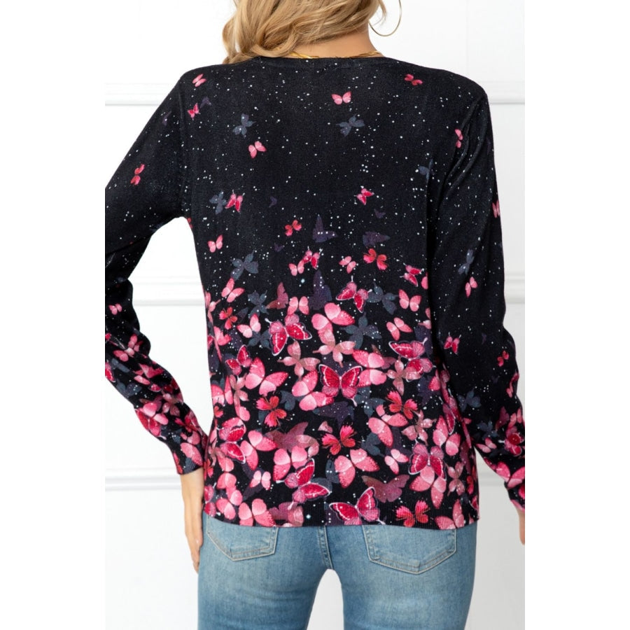 Floral Button Front Round Neck Cardigan